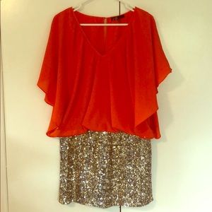 Flutter sleeve orange sparkle dress